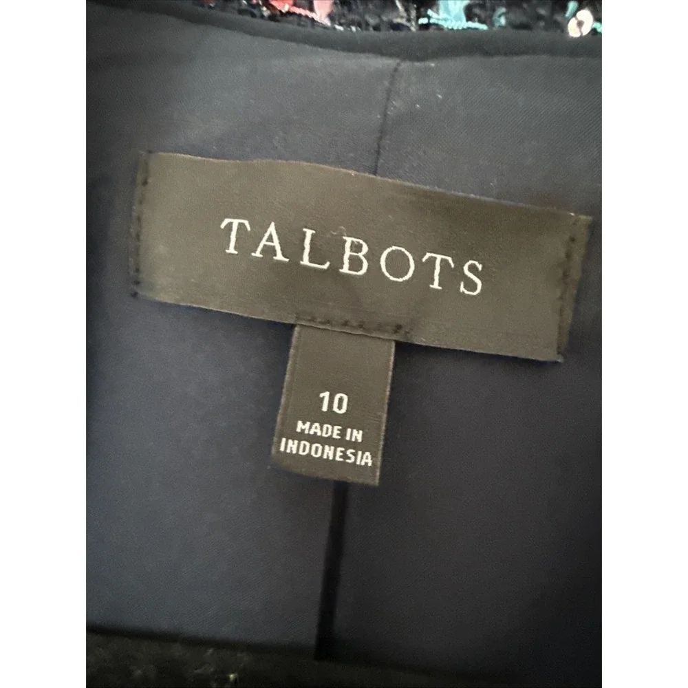Talbots Sz 10 NAVY TWEED Rainbow Open Jacket Blazer Heavy Gold Career Dress‎